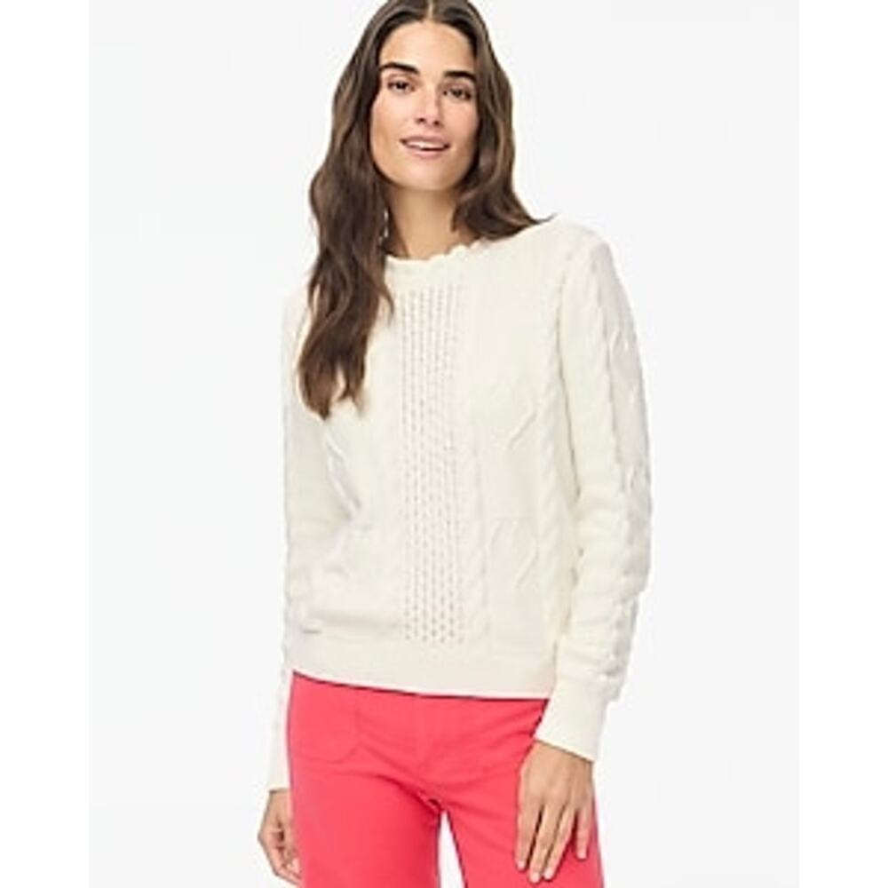 J. Crew Cable-Knit Hearts Crewneck Pullover Sweater Long Sleeve Ivory Size S NWT